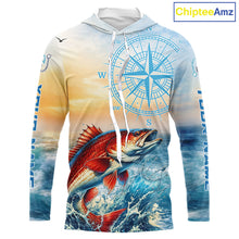 Load image into Gallery viewer, Redfish Fishing Sunset Custom Fishing Long Sleeve Hooded Shirt, Redfish Compass Offshore Fishing Apparel NBT587