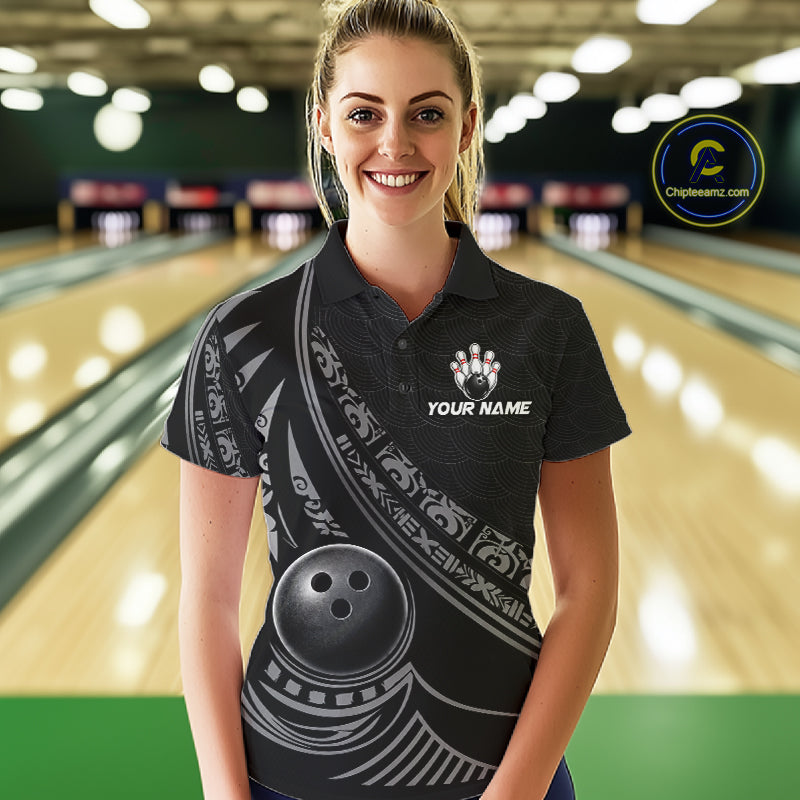 Black Tribal Pattern Women Bowling Shirts Custom Bowling Outfit Women Team Bowling League Jersey NBT1158