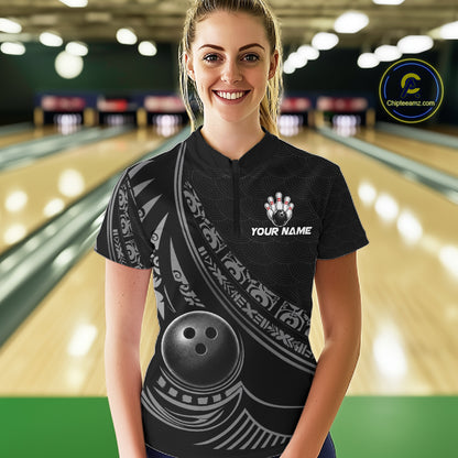 Black Tribal Pattern Women Bowling Shirts Custom Bowling Outfit Women Team Bowling League Jersey NBT1158