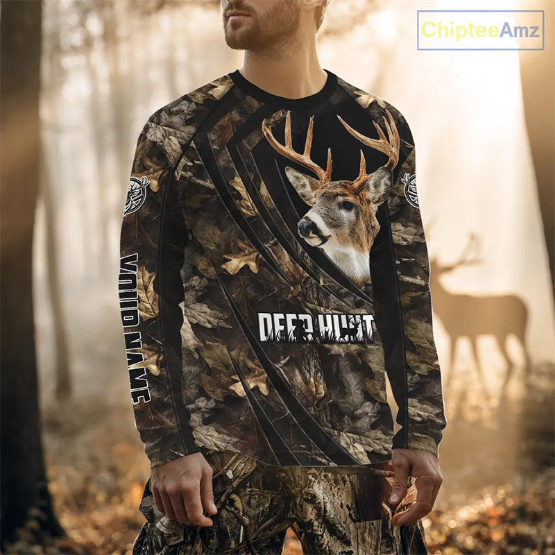 Personalized Whitetail Deer Hunting 3D All Over Printed Hoodie Brown Autumn Leaves Camo NBT276
