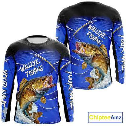 Personalized Walleye Long Sleeve Fishing Shirts UV Protection Tournament Jersey, Walleye Fishing Shirts NBT366