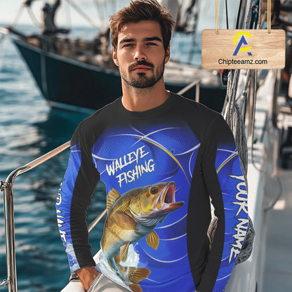 Personalized Walleye Long Sleeve Fishing Shirts UV Protection Tournament Jersey, Walleye Fishing Shirts NBT366