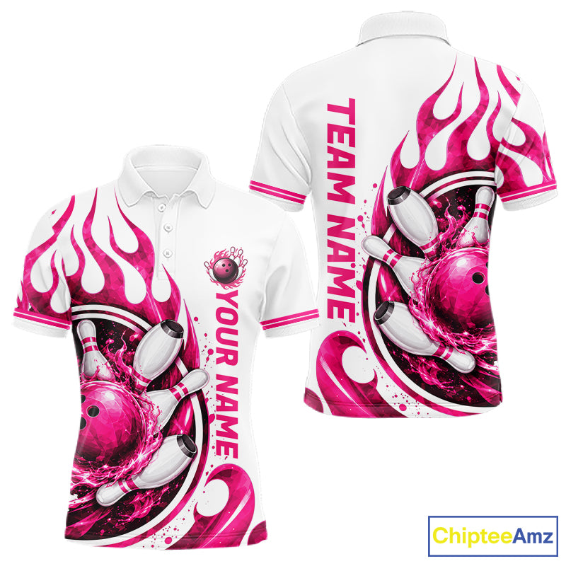 Custom Breast Cancer Pink Ribbon And Flame Bowling Team Men Polo Quarter Zip Shirt NBT1162