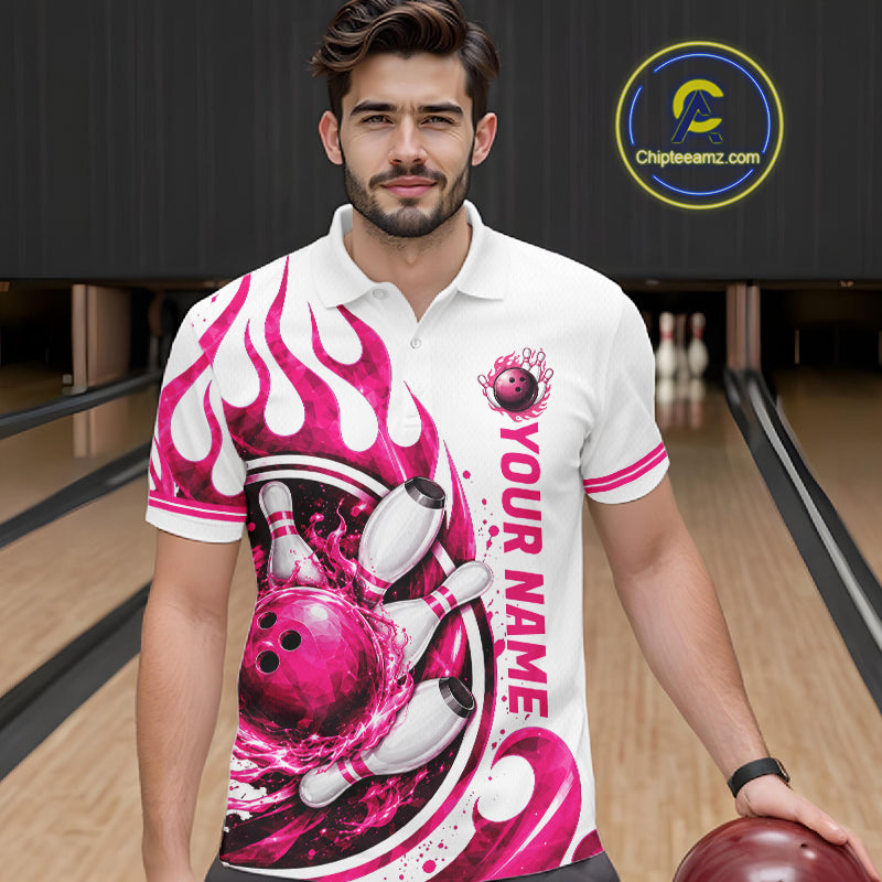 Custom Breast Cancer Pink Ribbon And Flame Bowling Team Men Polo Quarter Zip Shirt NBT1162