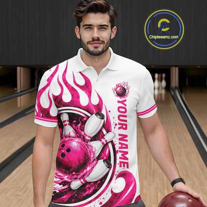 Custom Breast Cancer Pink Ribbon And Flame Bowling Team Men Polo Quarter Zip Shirt NBT1162