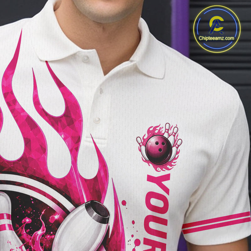 Custom Breast Cancer Pink Ribbon And Flame Bowling Team Men Polo Quarter Zip Shirt NBT1162