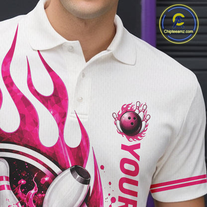Custom Breast Cancer Pink Ribbon And Flame Bowling Team Men Polo Quarter Zip Shirt NBT1162