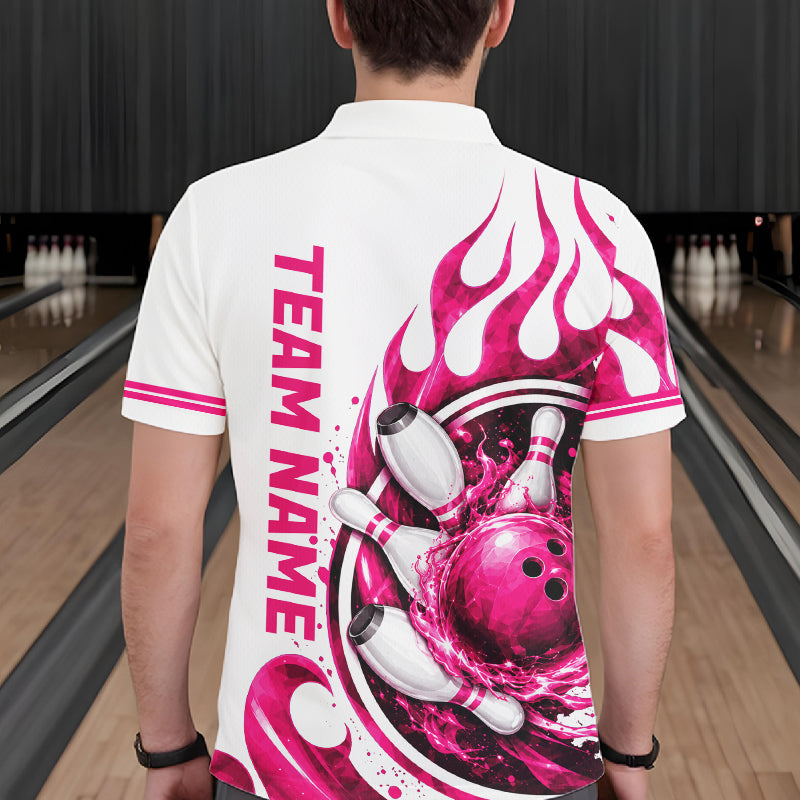 Custom Breast Cancer Pink Ribbon And Flame Bowling Team Men Polo Quarter Zip Shirt NBT1162