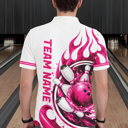 Custom Breast Cancer Pink Ribbon And Flame Bowling Team Men Polo Quarter Zip Shirt NBT1162