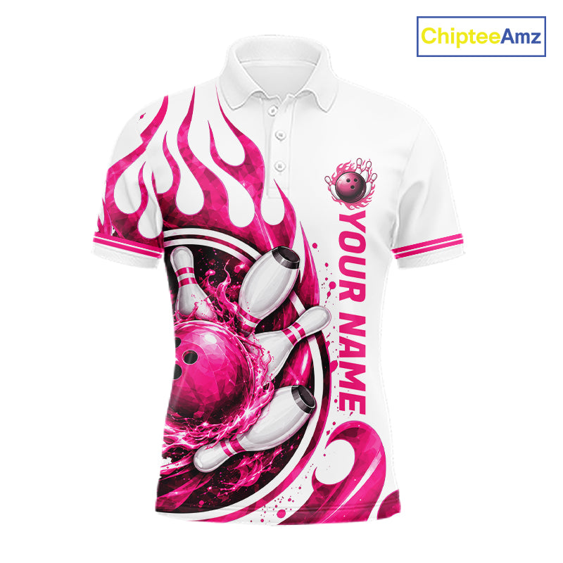 Custom Breast Cancer Pink Ribbon And Flame Bowling Team Men Polo Quarter Zip Shirt NBT1162