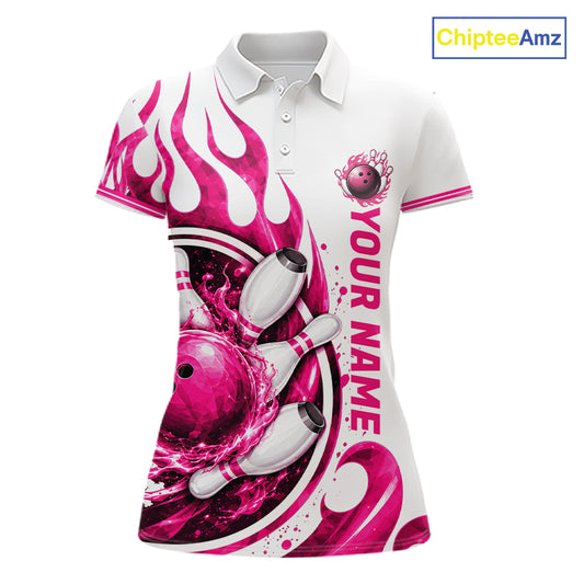 Custom Breast Cancer Pink Ribbon And Flame Bowling Team Women Polo Quarter Zip Shirt NBT1162