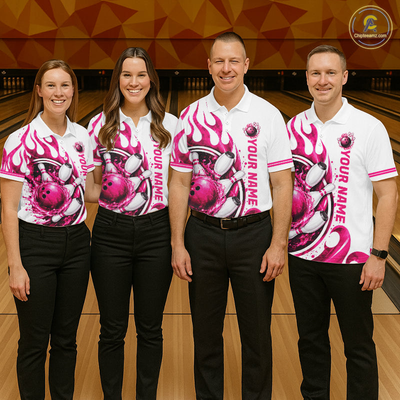 Custom Breast Cancer Pink Ribbon And Flame Bowling Team Men Polo Quarter Zip Shirt NBT1162