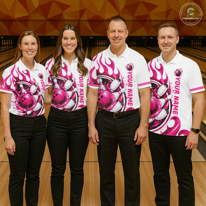 Custom Breast Cancer Pink Ribbon And Flame Bowling Team Men Polo Quarter Zip Shirt NBT1162