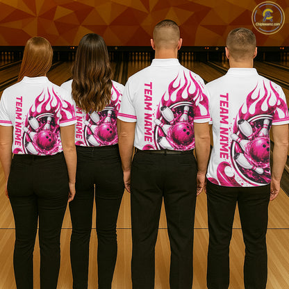 Custom Breast Cancer Pink Ribbon And Flame Bowling Team Men Polo Quarter Zip Shirt NBT1162