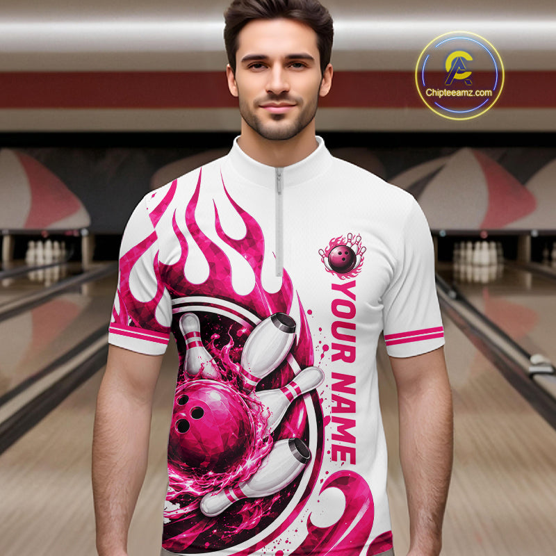 Custom Breast Cancer Pink Ribbon And Flame Bowling Team Men Polo Quarter Zip Shirt NBT1162