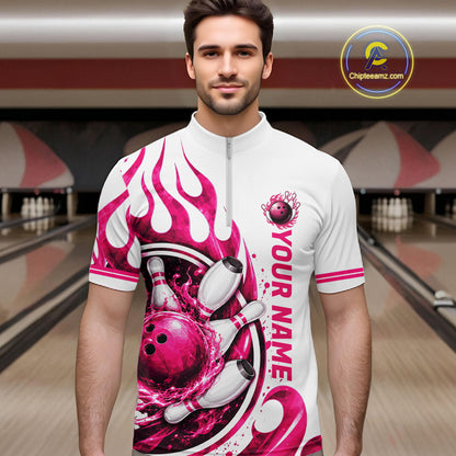 Custom Breast Cancer Pink Ribbon And Flame Bowling Team Men Polo Quarter Zip Shirt NBT1162