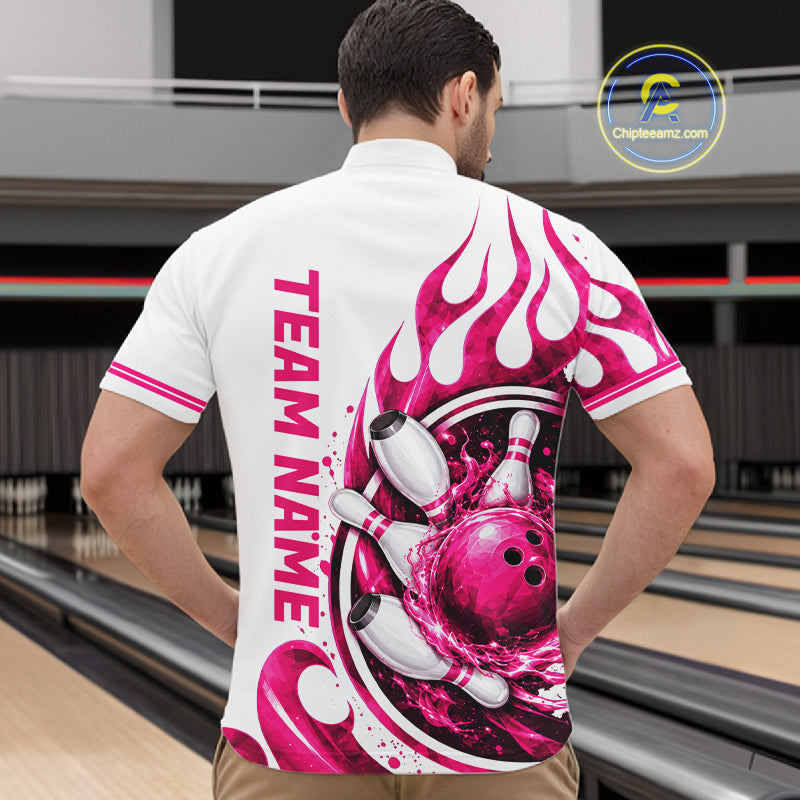Custom Breast Cancer Pink Ribbon And Flame Bowling Team Men Polo Quarter Zip Shirt NBT1162