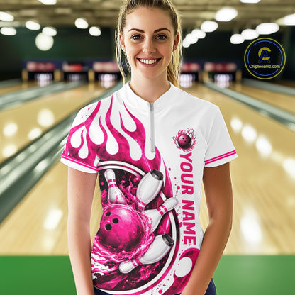 Custom Breast Cancer Pink Ribbon And Flame Bowling Team Women Polo Quarter Zip Shirt NBT1162