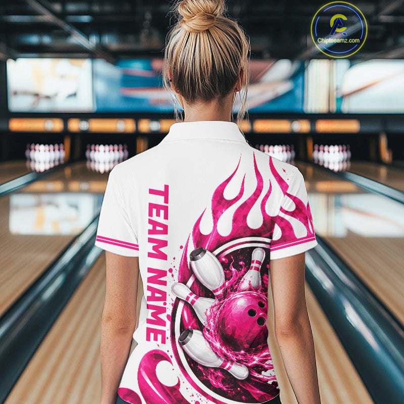 Custom Breast Cancer Pink Ribbon And Flame Bowling Team Women Polo Quarter Zip Shirt NBT1162