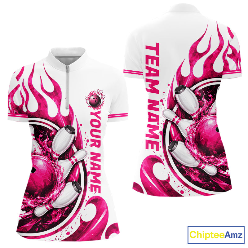 Custom Breast Cancer Pink Ribbon And Flame Bowling Team Women Polo Quarter Zip Shirt NBT1162
