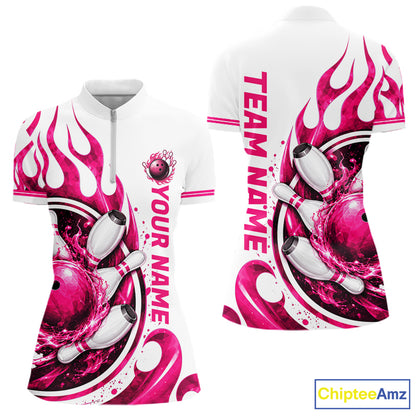 Custom Breast Cancer Pink Ribbon And Flame Bowling Team Women Polo Quarter Zip Shirt NBT1162