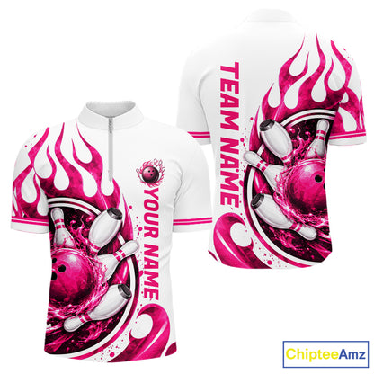 Custom Breast Cancer Pink Ribbon And Flame Bowling Team Men Polo Quarter Zip Shirt NBT1162