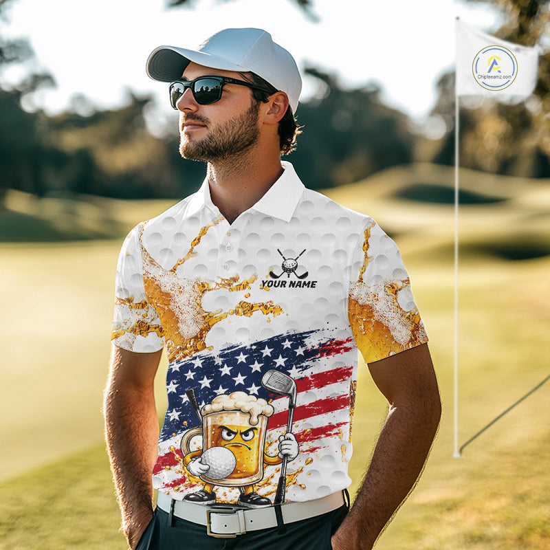 Man wearing Patriotic Beer Golf Polo Shirt on golf course, red white blue patriotic design, tailored fit
