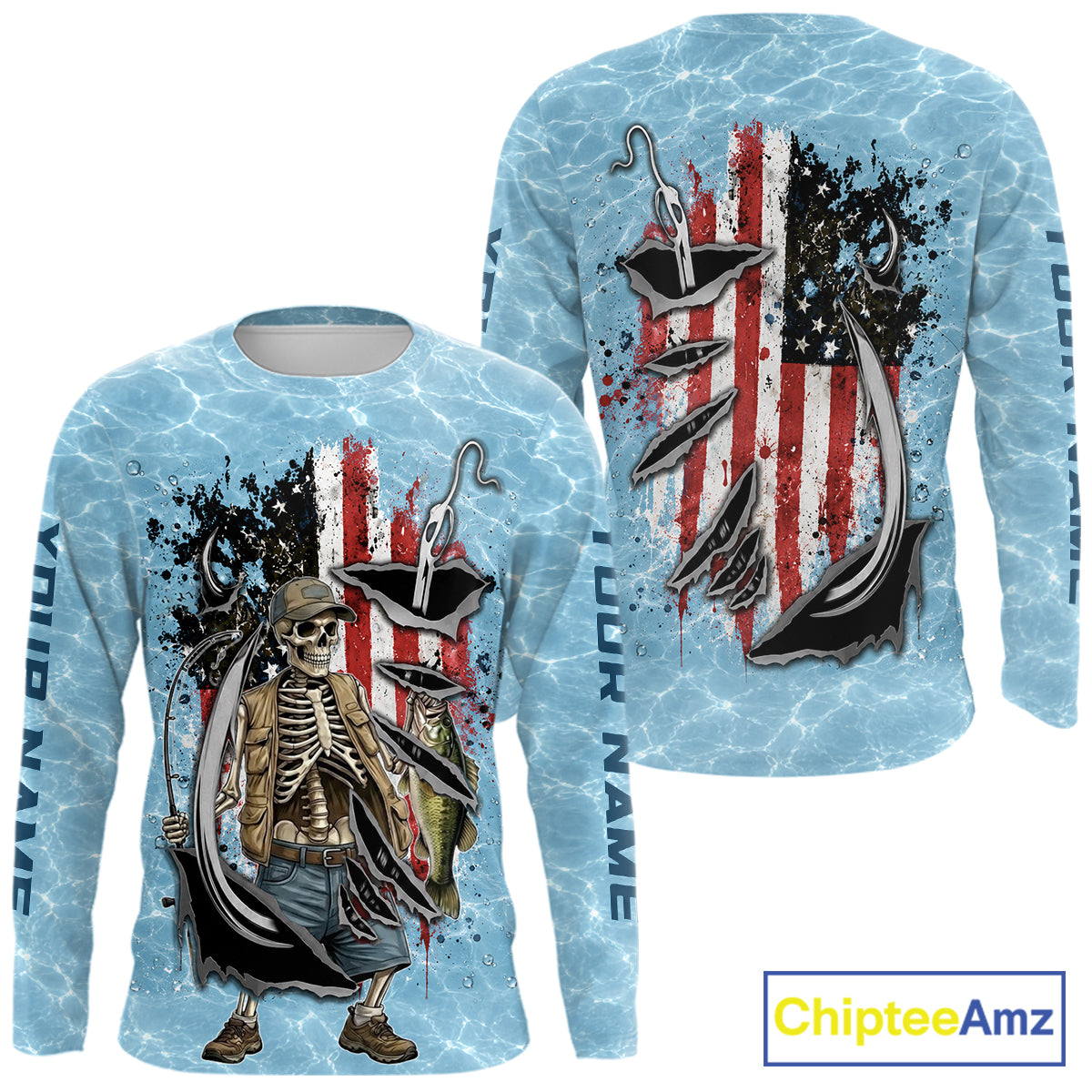 Custom Bass Fishing Long Sleeve American Flag Fish Reaper Fishing Shirts, Bass Fishing Jerseys NBT729