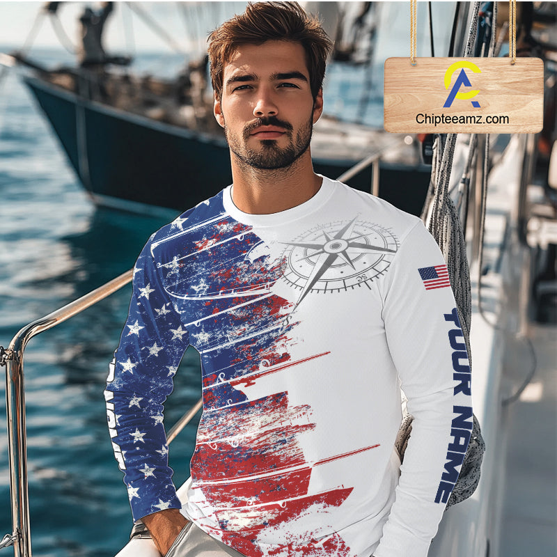 Personalized Patriotic Fishing Team Shirts, American Flag Long Sleeve Fishing Shirts NBT486