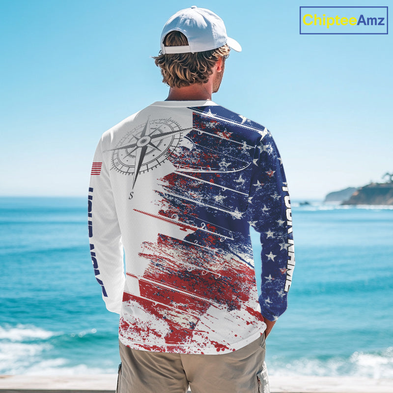 Personalized Patriotic Fishing Team Shirts, American Flag Long Sleeve Fishing Shirts NBT486