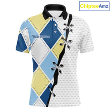 Load image into Gallery viewer, Mens golf polo shirt custom blue and yellow argyle plaid pattern - front view
