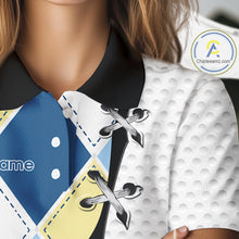 Load image into Gallery viewer, front view of long sleeve blue and yellow golf argyle plaid pattern womens golf polo
