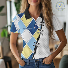Load image into Gallery viewer, woman in blue and yellow golf argyle womens polo shirt personalized golf gift