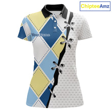 Load image into Gallery viewer, front view of blue and yellow golf argyle plaid pattern womens golf polo