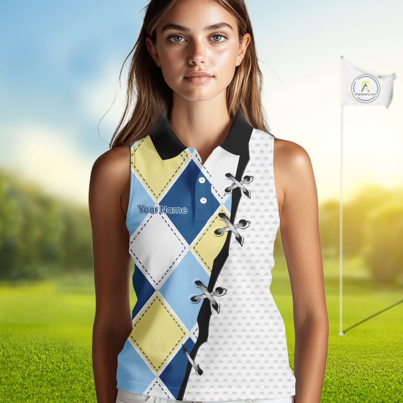 woman in blue and yellow golf argyle womens sleeveless polo shirt personalized golf gift