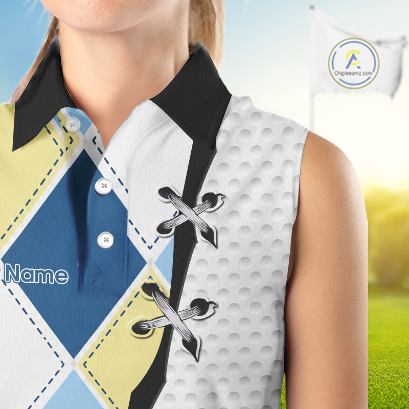 close up blue and yellow golf argyle womens sleeveless polo shirt