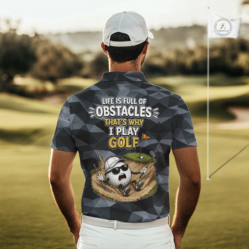 Model wearing funny mens golf polo shirt with custom golf ball camo pattern, unique mens golf outfit and funny golf gift idea