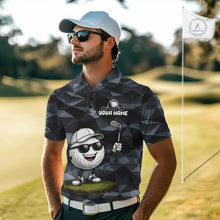 Load image into Gallery viewer, Model wearing funny mens golf polo shirt with custom golf ball camo pattern, unique mens golf outfit and funny golf gift idea