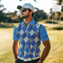 Load image into Gallery viewer, Blue Argyle Mens Golf Polo Shirts, Golf Shirts Custom Team Golf Polo For Men Team Golf Tops NBT489