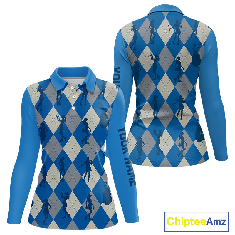 Blue Argyle Womens Golf Polo Shirts, Golf Shirts Custom Team Golf Polo For Ladies Team Golf Tops NBT489