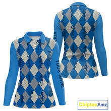 Load image into Gallery viewer, Blue Argyle Womens Golf Polo Shirts, Golf Shirts Custom Team Golf Polo For Ladies Team Golf Tops NBT489