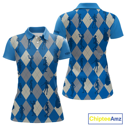 Blue Argyle Womens Golf Polo Shirts, Golf Shirts Custom Team Golf Polo For Ladies Team Golf Tops NBT489