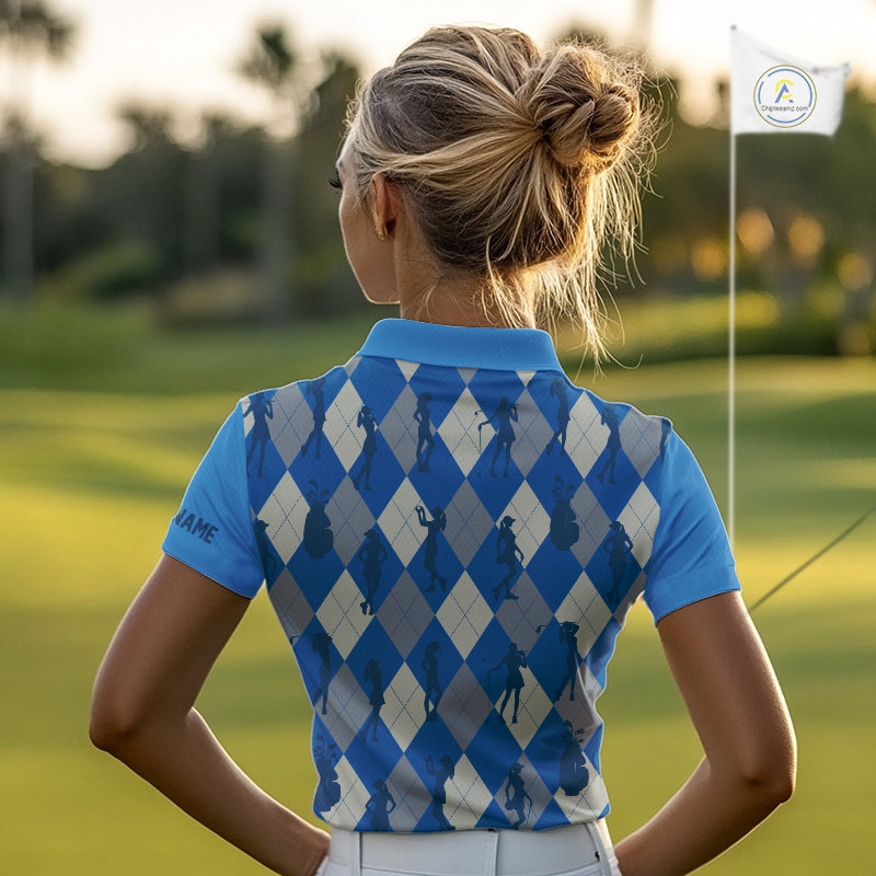 Blue Argyle Womens Golf Polo Shirts, Golf Shirts Custom Team Golf Polo For Ladies Team Golf Tops NBT489
