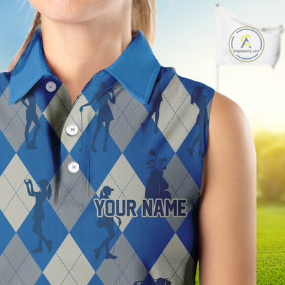 Blue Argyle Womens Sleeveless Golf Polo Shirts, Golf Shirts Custom Team Golf Polo For Ladies Team Golf Tops NBT489
