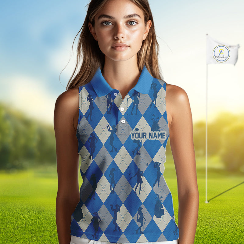 Blue Argyle Womens Sleeveless Golf Polo Shirts, Golf Shirts Custom Team Golf Polo For Ladies Team Golf Tops NBT489