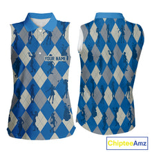 Load image into Gallery viewer, Blue Argyle Womens Sleeveless Golf Polo Shirts, Golf Shirts Custom Team Golf Polo For Ladies Team Golf Tops NBT489
