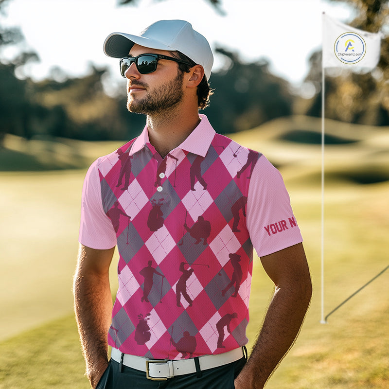 Pink Argyle Mens Golf Polo Shirts, Golf Shirts Custom Team Golf Polo For Men Team Golf Tops NBT490