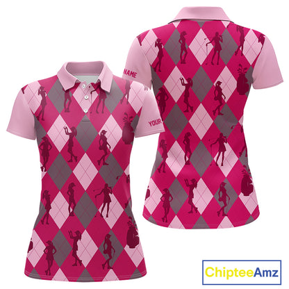 Pink Argyle Womens Golf Polo Shirts, Golf Shirts Custom Team Golf Polo For Ladies Team Golf Tops NBT490