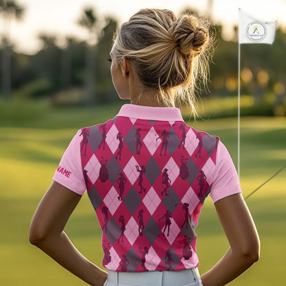 Pink Argyle Womens Golf Polo Shirts, Golf Shirts Custom Team Golf Polo For Ladies Team Golf Tops NBT490
