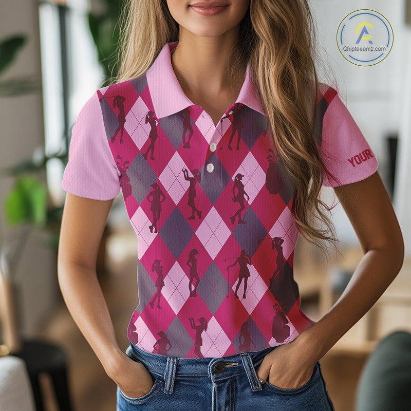 Pink Argyle Womens Golf Polo Shirts, Golf Shirts Custom Team Golf Polo For Ladies Team Golf Tops NBT490